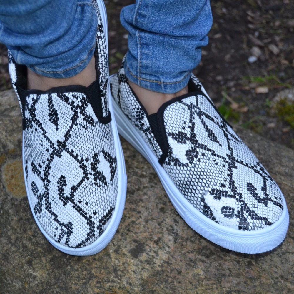 Black & White Snake Animal Print Slip On Sneakers - Picture 2 of 4